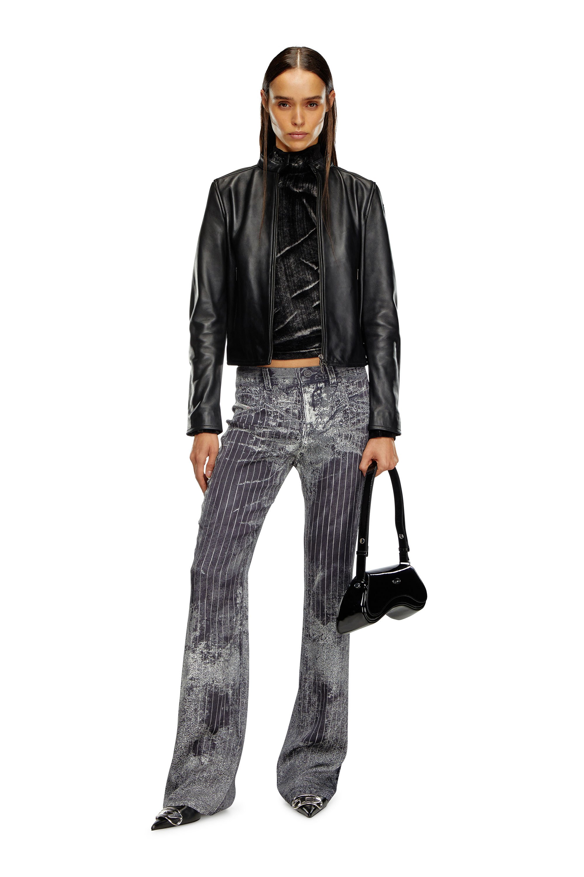 Diesel - L-AYLA, Woman's Leather biker jacket with embossed logo in Black - 2