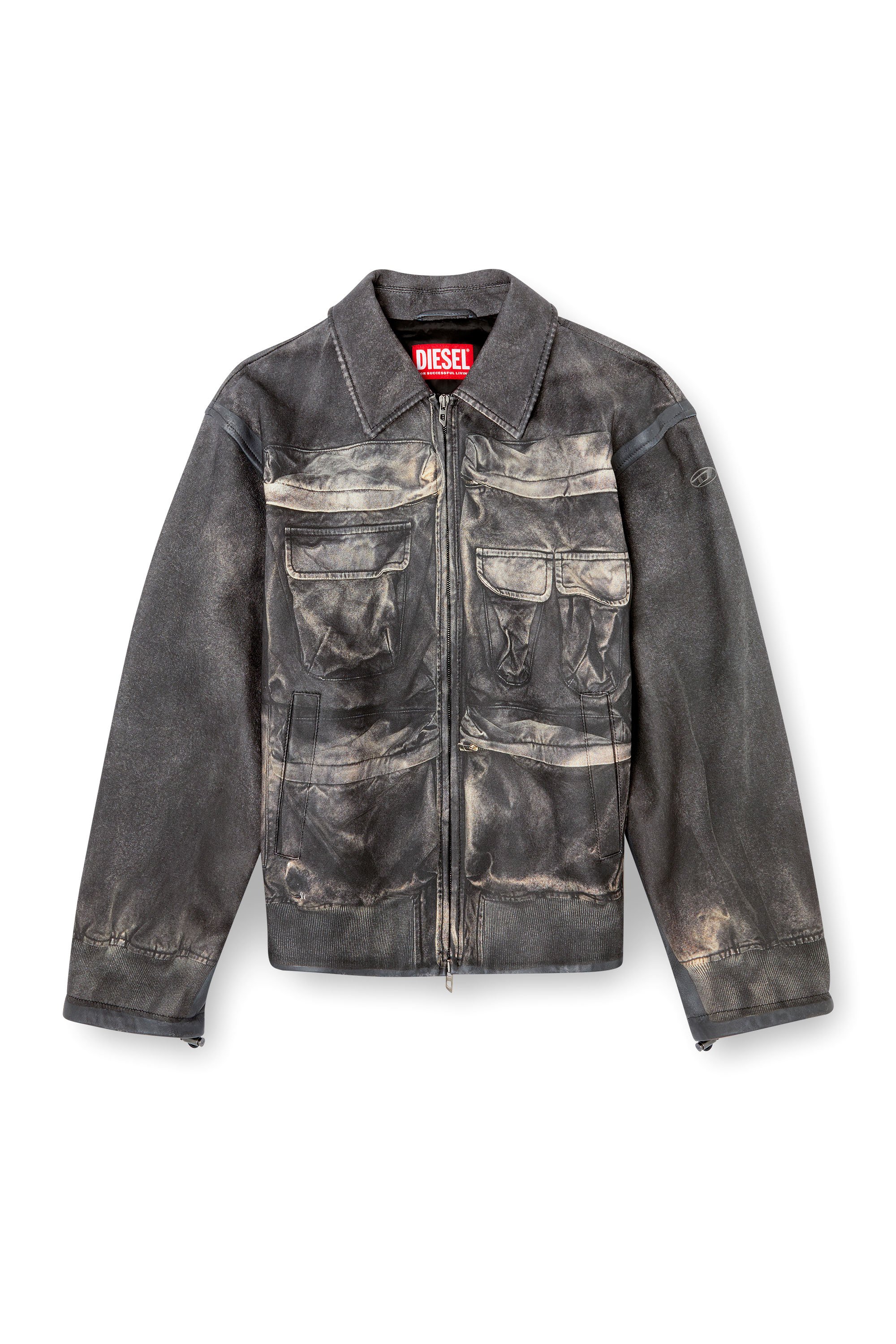 Diesel - L-MAYER, Man's Leather jacket with trompe l'oeil pockets in Black - 3