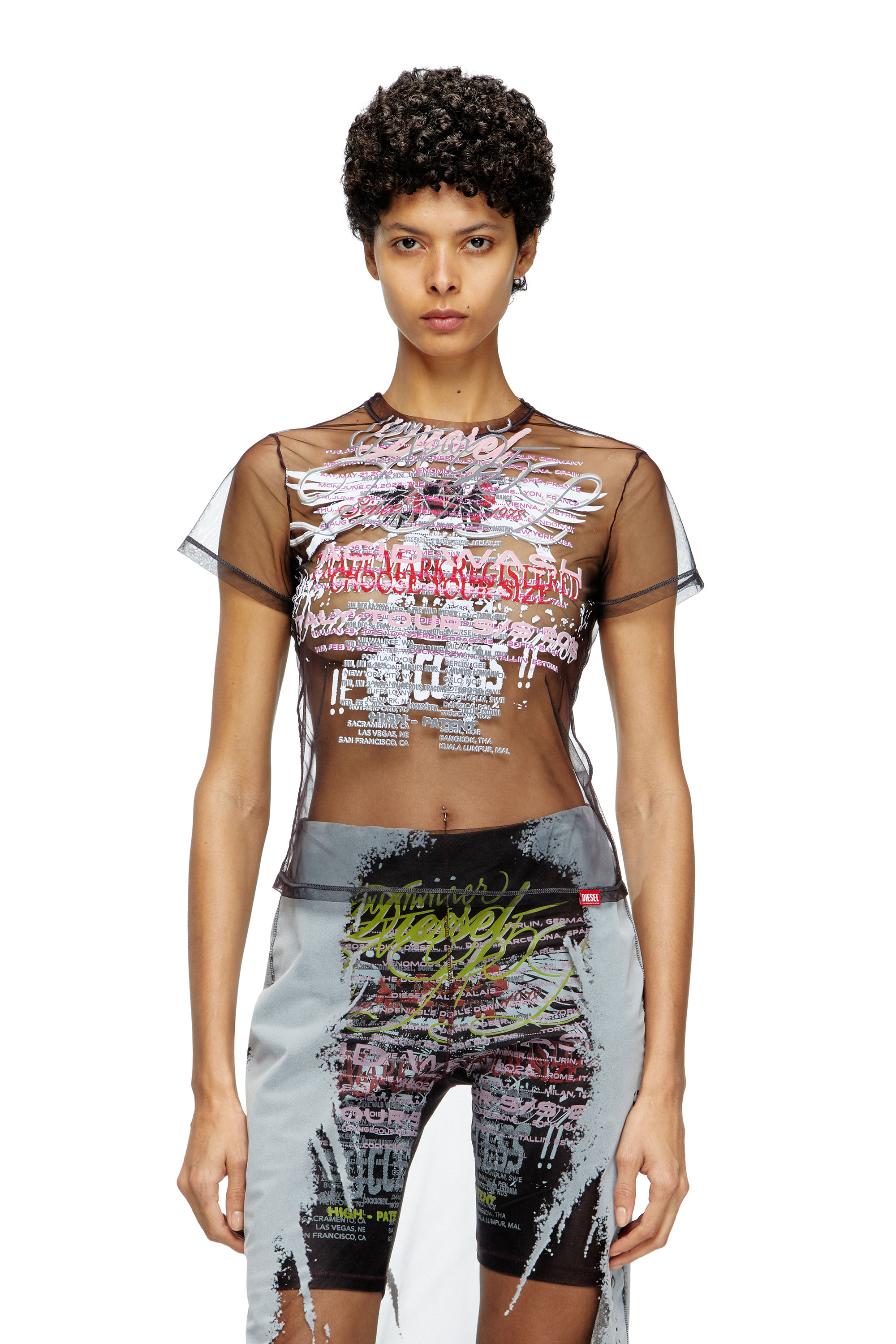 Diesel - T-YRAC, Woman's Sheer top with lyrics print in Black - 1